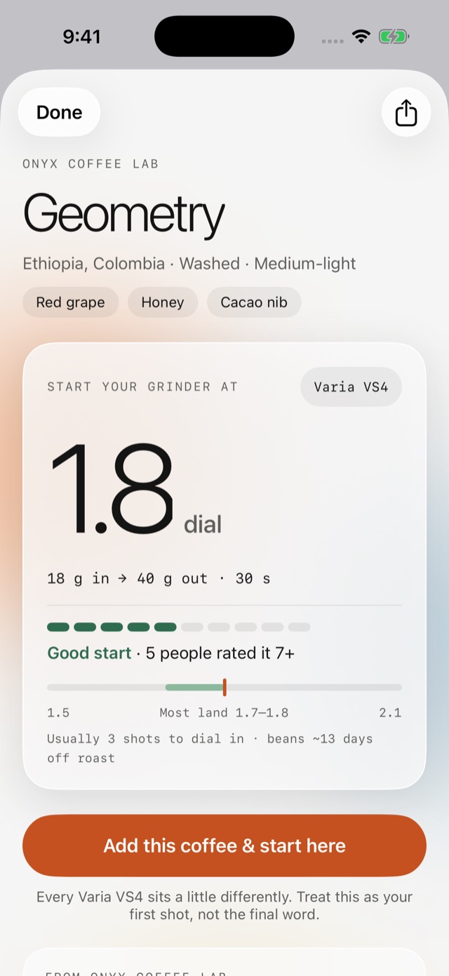 Community dial-in for Geometry by Onyx Coffee Lab: start your Varia VS4 at 1.8, five people rated it 7 or higher