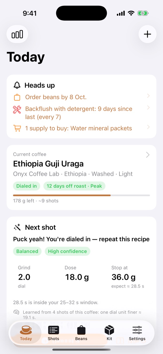 The Today screen: the current coffee, how much is left, and the next shot's grind, dose and yield